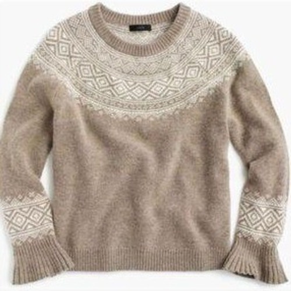 J.Crew Fair Isle Sweater Women S Tan Merino Wool Bell Sleeve Cuffs Hygge Nordic